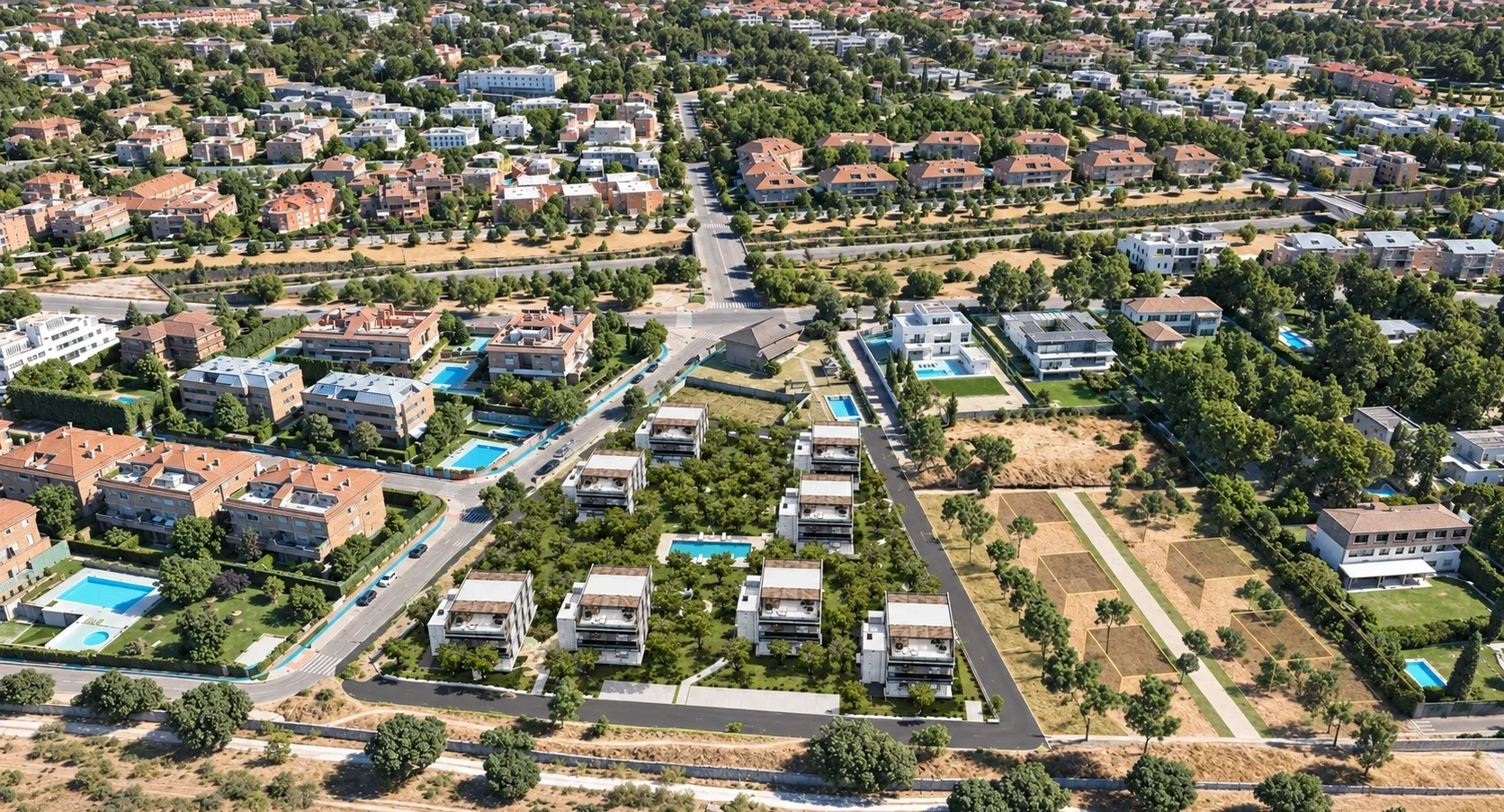 Vista aérea panorámica de Aravaca con Residencial Laguna