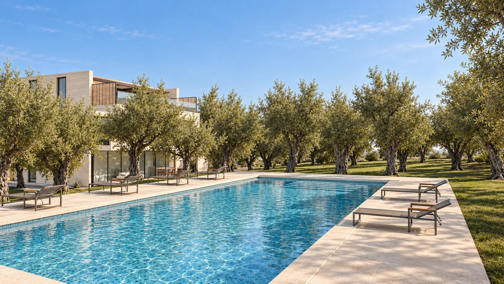 Piscina comunitaria con los edificios al fondo
